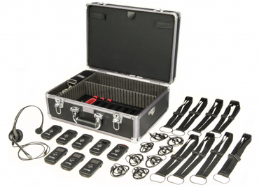 Listen Technologies ListenTALK two-way tour guide system with transceivers, headset and ear speakers with a charger transport case